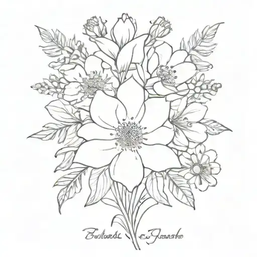 Simple tattoo fine line drawing bouquet of birth month flowers flowers, january, march ,may, july, September, October  tattoo design idea