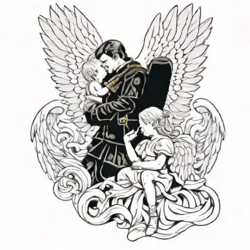 There is a soldier in uniform, he has big white angel wings, in front of him is a girl with a baby, he covers them with one wing tattoo design idea