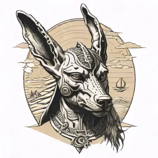 Anubis face facing forward looking at us depicted in a sketch style with a background of sand dunes and hieroglyphics tattoo design idea