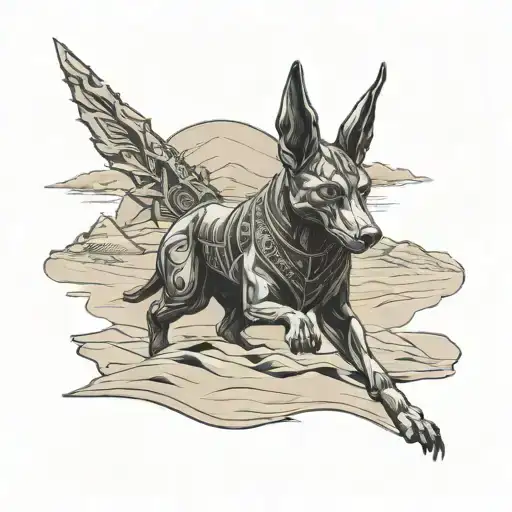 Anubis facing forward looking at us depicted in a sketch style with a background of swirling sand dunes and hieroglyphic tattoo design idea