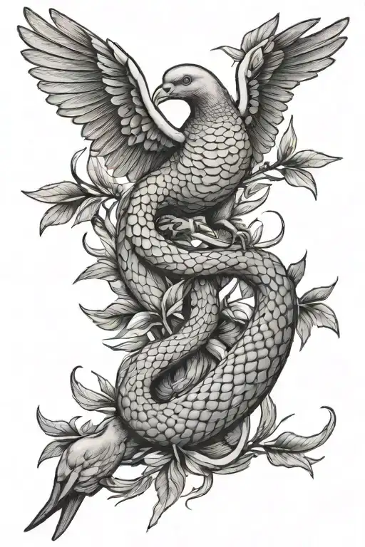 a snake killing a dove carrying an olive branch tattoo design idea
