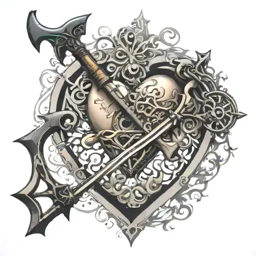 An intricate design combining symbols of philanthropy and hunting, such as a heart with a crossbow through it tattoo design idea