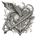 An intricate design combining symbols of philanthropy and hunting, such as a heart with a crossbow through it tattoo design idea