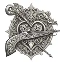 An intricate design combining symbols of philanthropy and hunting, such as a heart with a crossbow through it tattoo design idea