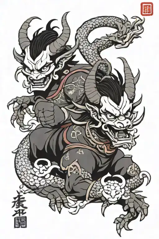 Asura and Dragon in Traditional Japanese Tattoo Style Asura (demonic deity) and Japanese dragon with detailed scales, wi tattoo design idea