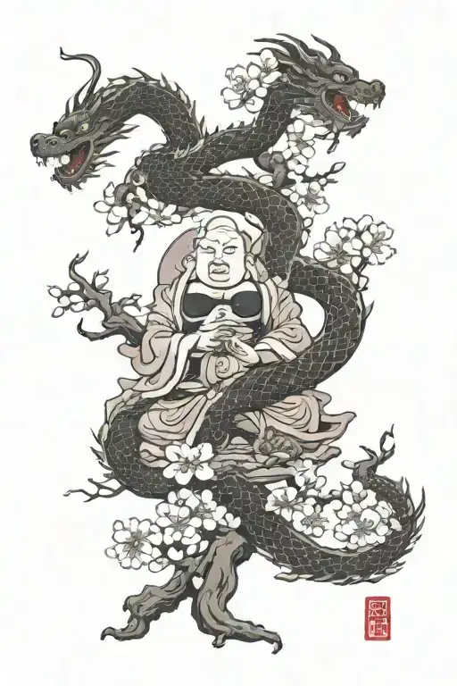 budhha and dragon and cherry blossom tree   tattoo design idea