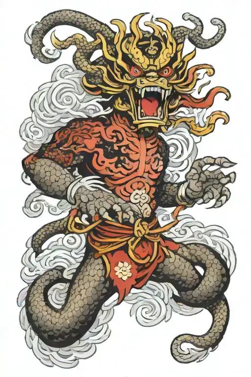 Asura (demonic deity) and Japanese dragon with detailed scales, winding body, and fierce expression tattoo design idea