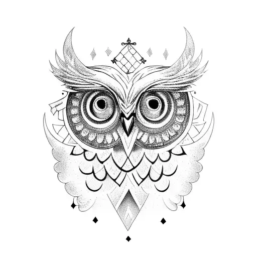 A mystical owl perched on a stack of books, surrounded by intricate blackwork designs. tattoo design idea