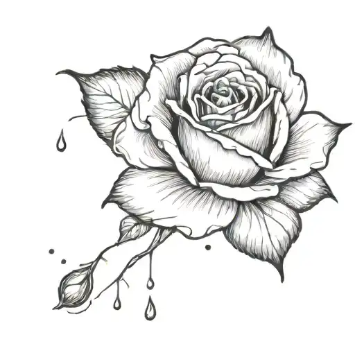 A delicate raindrop falling from a dark cloud onto a single rose petal tattoo design idea