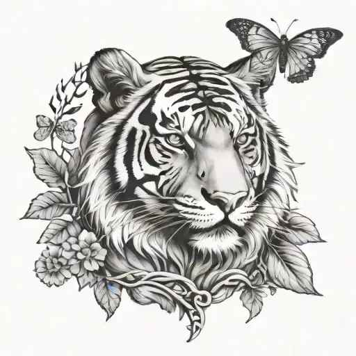 Tiger in roman bust sculpture style design featuring a flock of butterflies placed around the tigers head with vines tattoo design idea