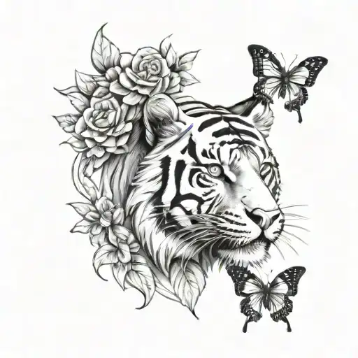 Tiger in roman sculpture style design featuring 3 butterflies placed around the tigers head tattoo design idea
