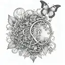 The word: ἀγάπη with vines surrounding and the roman numerals of 18 below the word ἀγάπη with roman empire themes tattoo design idea