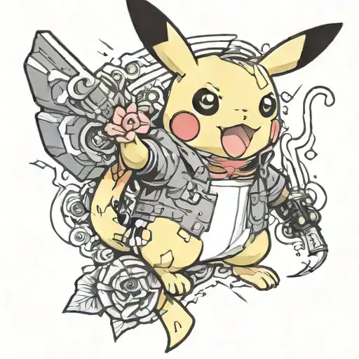 pikachu welding torch surrounded tattoo design idea