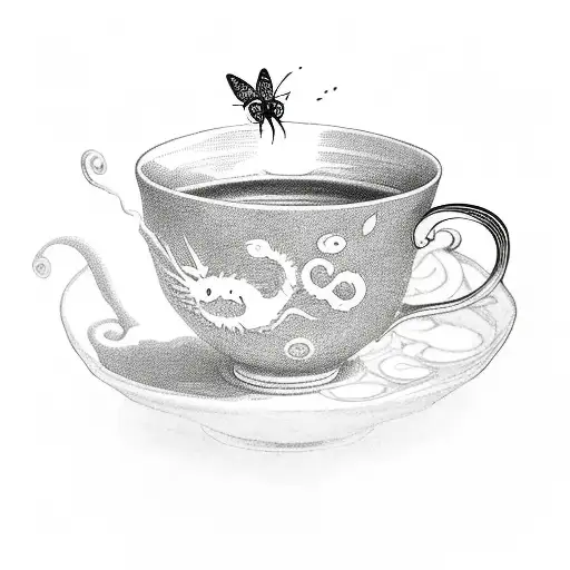 tea cup with butterfly in the middle, stream that spells life and a book with a dragon siloette on the spine tattoo design idea