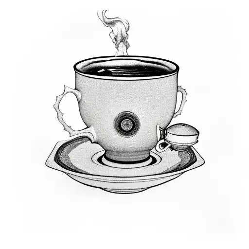 2D tea cup with on loop handle sitting on top of a closed hard cover book. the tea cup has with steam rising from the to tattoo design idea