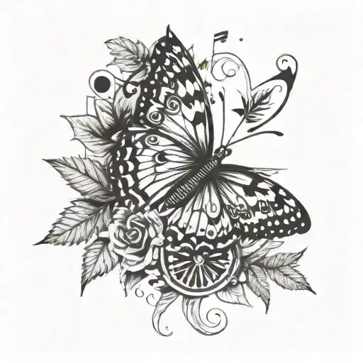 A butterfly with a marijuana leaf crown, surrounded by music symbols tattoo design idea