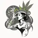 A singer with a marijuana leaf crown, surrounded by music symbols tattoo design idea