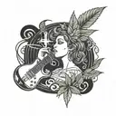 A singer with a marijuana leaf crown, surrounded by music symbols tattoo design idea