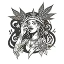 A singer with a marijuana leaf crown, surrounded by music symbols tattoo design idea