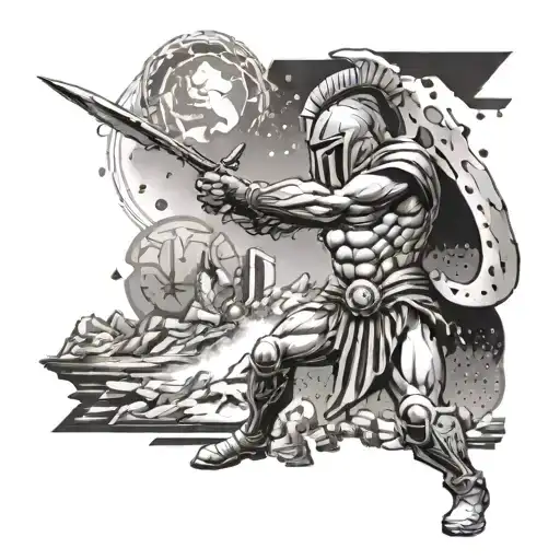 A Spartan warrior fighting a demon in a digital matrix landscape tattoo design idea