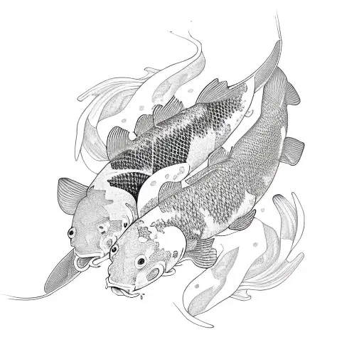 two koi fish in a black and gray fine line but shaded, not too strong of a black. lotus flowers in the design too tattoo design idea