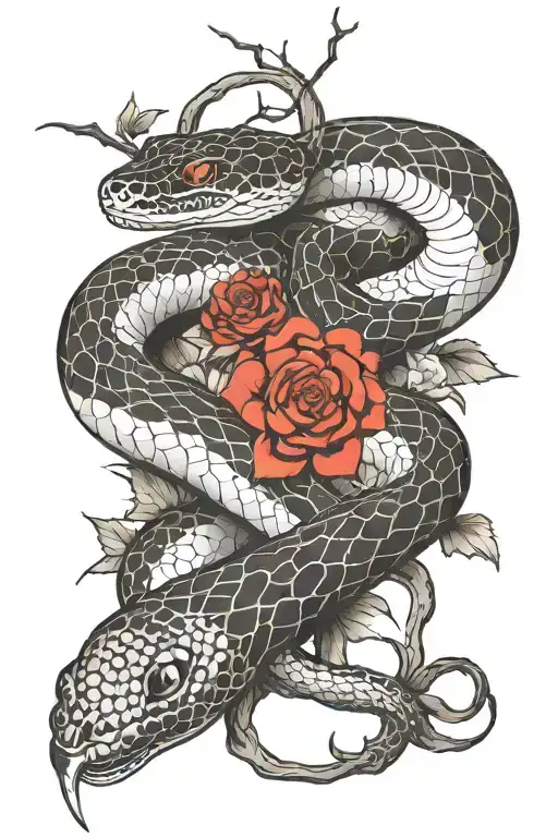 Black and white snake sleeve tattoo in Japanese style with spider web tattoo design idea