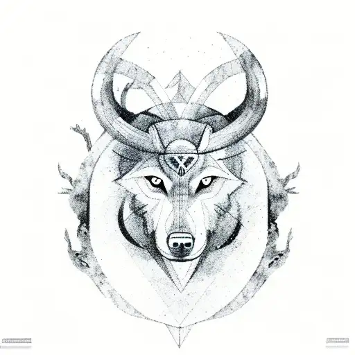 Taurus symbol within a forest and wolf tattoo design idea