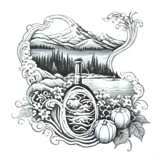 Tahoe back ground with wine vines and water waves flowing tattoo design idea