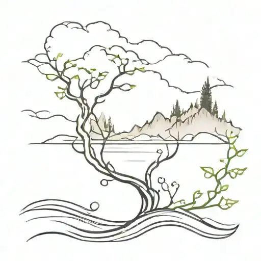 Tahoe back ground with wine vines and water waves flowing tattoo design idea