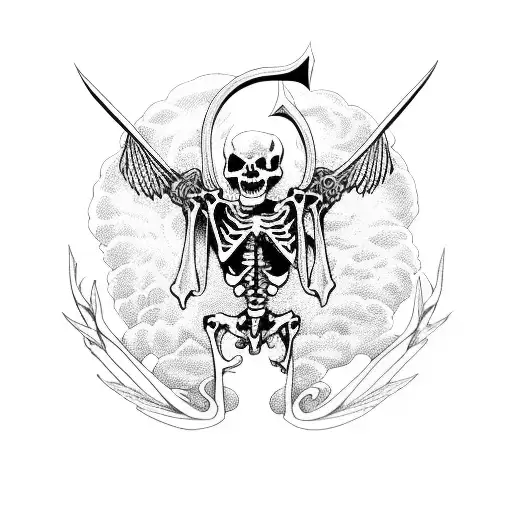 A skeletal angel of death holding a scythe in a blackwork style tattoo design idea
