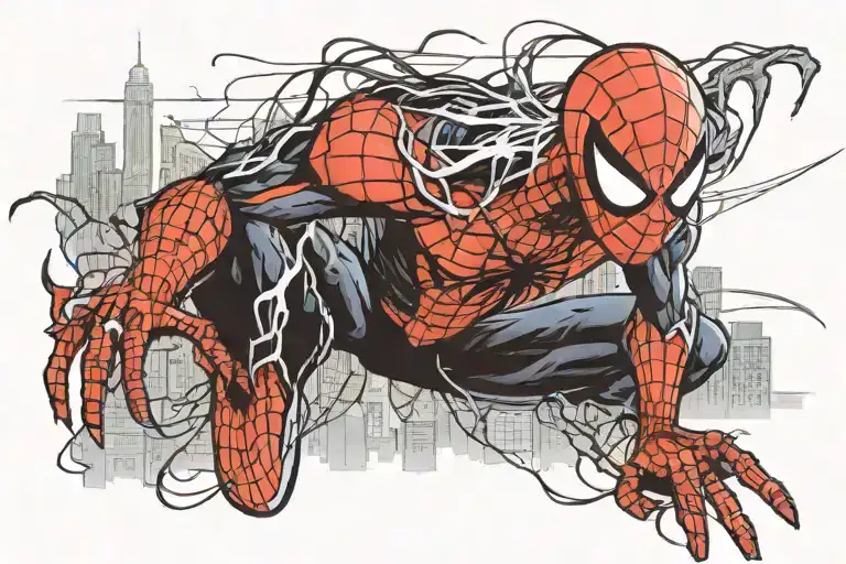 symbiote spiderman, swining through city skyline in the background tattoo design idea