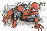 symbiote spiderman, swining through city skyline in the background tattoo design idea