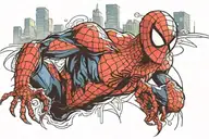 symbiote spiderman, swining through city skyline in the background tattoo design idea