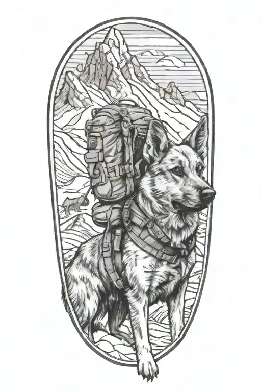 A detailed black and grey tattoo of a military dog with a hiking backpack on, standing in front of a mountain range tattoo design idea