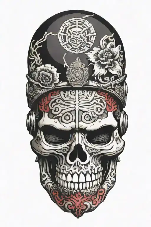kabuto skull helmet with Japanese background  tattoo design idea