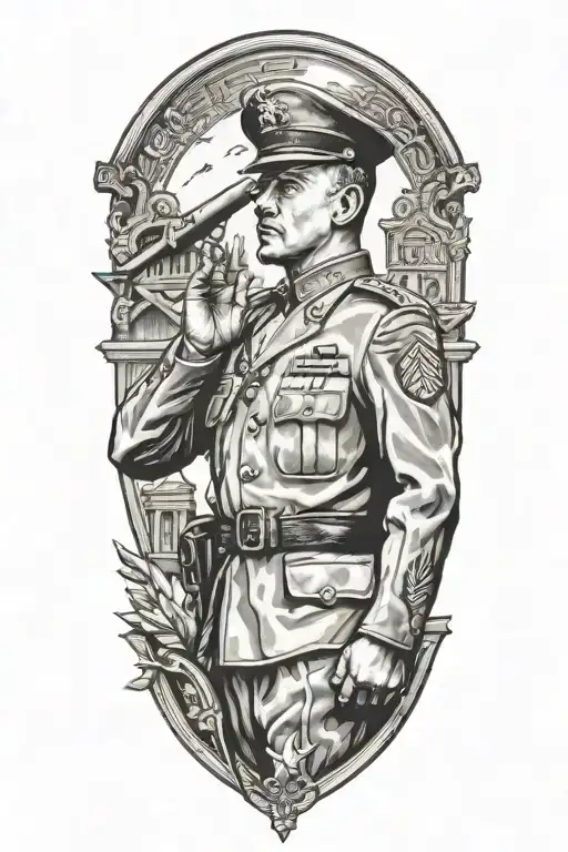 A black-grey tattoo of a military officer saluting in front of the citadel military school tattoo design idea