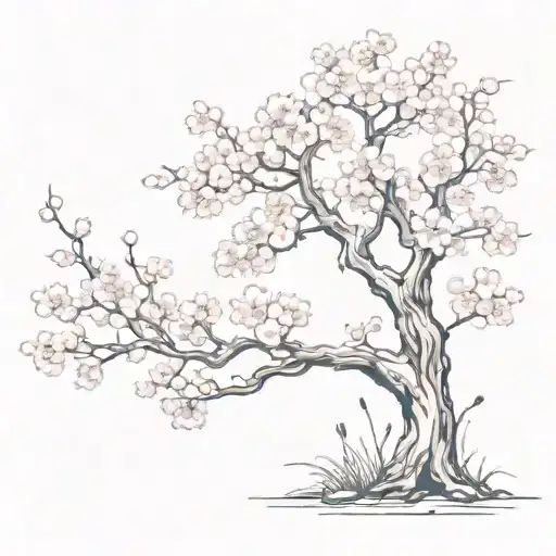 A cherry blossom tree with a hidden military camouflage pattern, incorporating elements of fitness equipment tattoo design idea