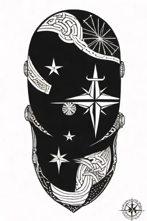 A blackwork tattoo of a compass rose, american flag, samurai helmet tattoo design idea