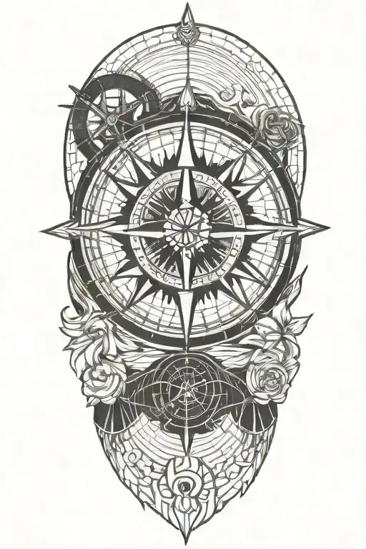 A blackwork tattoo of a compass rose with contour lines and samurai helmet tattoo design idea