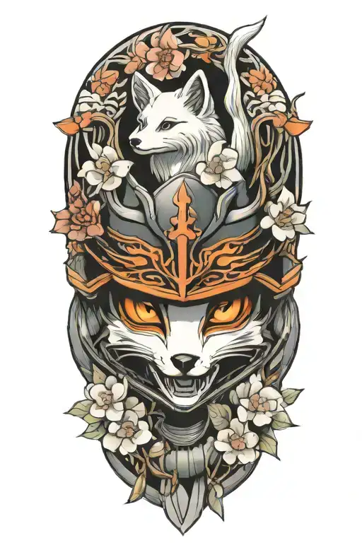 kabuto helmet, white kitsune fox, Sakura flowers  tattoo design idea