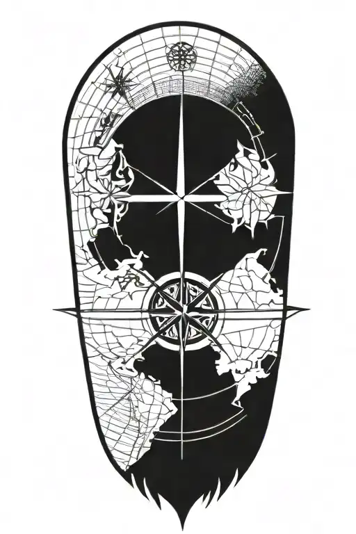 A blackwork tattoo of a compass rose, american flag  tattoo design idea