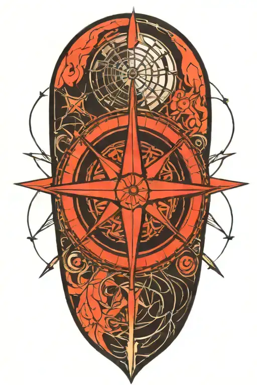 A blackwork tattoo of a compass rose with contour lines and kabuto helmet tattoo design idea