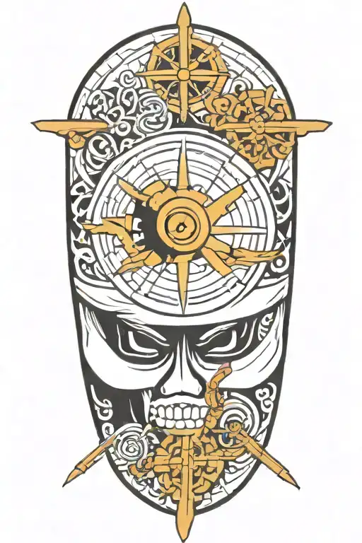 A blackwork tattoo of a compass rose, samurai helmet,  tattoo design idea