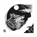 A wolf howling at the moon in a traditional Japanese woodblock print style tattoo design idea