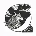 A wolf howling at the moon in a traditional Japanese woodblock print style tattoo design idea