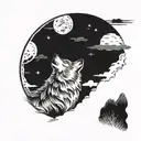 A wolf howling at the moon in a traditional Japanese woodblock print style tattoo design idea