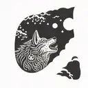 A wolf howling at the moon in a traditional Japanese woodblock print style tattoo design idea