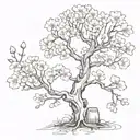 A cherry blossom tree with a hidden military camouflage pattern, incorporating elements of fitness equipment tattoo design idea