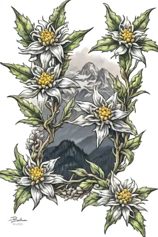edelweiss flowers with mountain peak tattoo design idea
