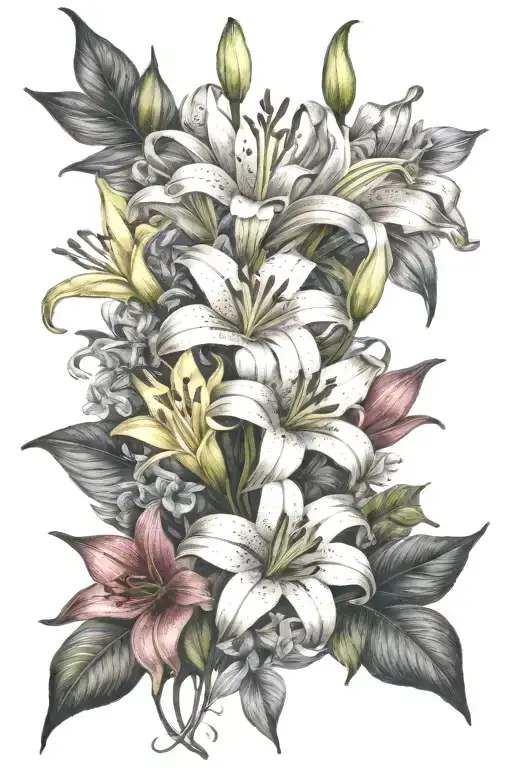 bouquet with Lily flower and Elizabeth rose flower and on the stem of a Lily flower, the name "Lily" in cursive tattoo design idea